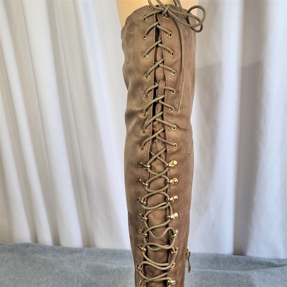 * So Me Taupe (Tan) Over The Knee Lace Up Block Heel Boots - Picture 5 of 12